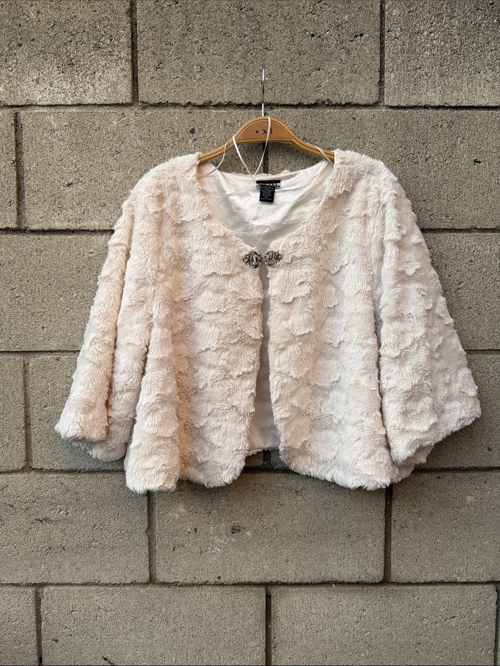 Ivory Faux Fur Cropped Jacket with Decorative Clasp